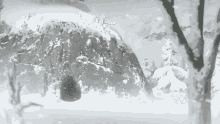 a painting of a snowy landscape with trees and a mountain in the background