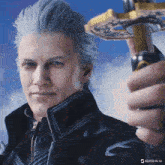 a close up of a man holding a sword with the words kling ai 1.6 visible in the corner