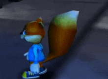 a cartoon squirrel wearing a blue hoodie and blue shoes is standing on a dark surface .