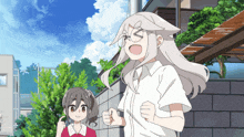 a girl with white hair and glasses stands next to a girl with brown hair