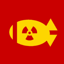a yellow bomb with a nuclear symbol and an arrow on a red background