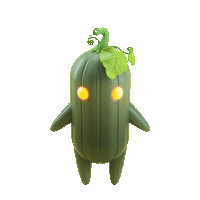 a green vegetable with yellow eyes and a leaf on top