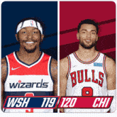 two basketball players from the wizards and bulls are standing next to each other