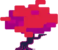 a pixel art of a red and purple tree with a black trunk .