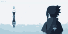 sasuke uchiha is standing in front of a body of water with a reflection of himself in the water .
