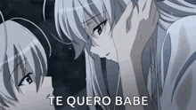 a couple of anime characters looking at each other with the words te quero babe written on the bottom