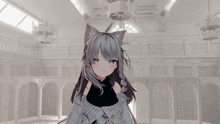 a girl with gray hair and cat ears stands in a white room