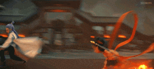 a man in a white cape is kicking a fireball in front of a chinese building