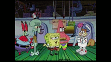 a group of cartoon characters are standing in front of a sign that says gally rub