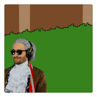 a cartoon of a man wearing headphones and a wig
