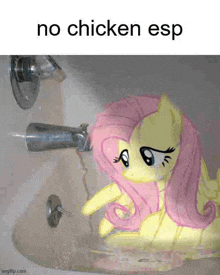 a cartoon pony is sitting in a bathtub with water pouring out of the shower head .