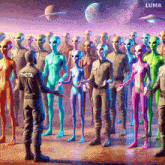 a man in a theta uniform is standing in front of a crowd of aliens