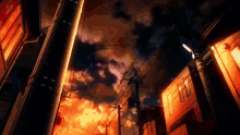 a drawing of a city street at night with telephone poles and buildings