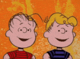 two cartoon characters standing next to each other and smiling with a yellow background