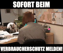 a woman is sitting at a desk with the words sofort beim written on the bottom