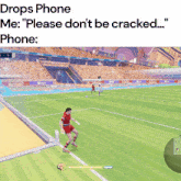 a screenshot of a soccer game with the caption " drops phone me please don 't be cracked ... phone "