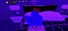 a blue cartoon character is laying on a bed with a purple background and the words level 4 guest