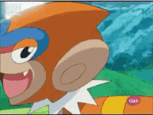 a close up of a cartoon character with the word clan on the bottom left
