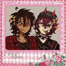 a picture of a boy and a girl with devil horns