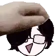 a hand is petting a person 's head with glasses on .