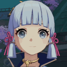 a close up of a girl 's face with white hair and blue eyes