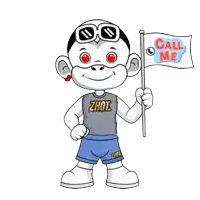 a cartoon character holding a flag that says call me on it