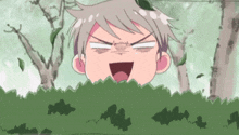 a cartoon character is making a funny face behind a hedge