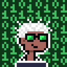 a pixel art drawing of a person with green eyes
