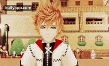 a video game character from kingdom hearts stands in front of a building