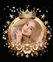 a woman in a hijab is surrounded by gold flowers and a gold crown