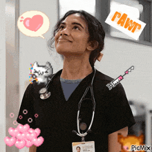a woman with a stethoscope around her neck is smiling and looking up with a paw sign above her head