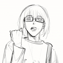 a black and white drawing of a person wearing glasses and suspenders