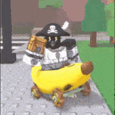a pirate is riding a banana shaped skateboard .