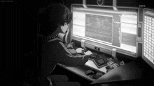 a black and white drawing of a person sitting in front of a computer screen that says baka potato