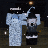 two roblox characters are standing next to each other with the name eunoia on the bottom