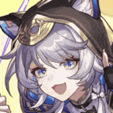 a close up of a girl wearing a cat ear hat