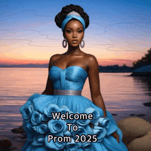a woman in a blue dress with the words welcome to prom 2025 on the bottom