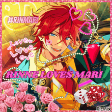 a picture of a red haired anime character with the words rinne loves mari written on it