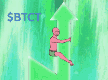 a cartoon of a man sitting on a green arrow with $ btct written on the top