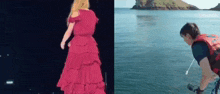 a woman in a red dress is walking next to a man in a life jacket in the water .