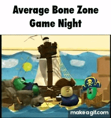 a cartoon of a group of vegetables in a pirate ship with the caption `` average bone zone game night '' .