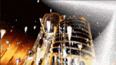 a painting of a building with a few drops of liquid on it