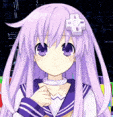 a purple haired anime character with a white cross on her head