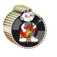 a cartoon monkey is holding a guitar in a circle with kr written on it