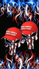 two skulls wearing make america great again hats on a flaming background