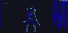 a man is dancing in the dark with glow in the dark glasses .