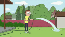 a cartoon character is spraying water from a hose in a backyard