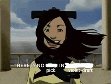 a cartoon girl is smiling with her hair blowing in the wind while wearing a sword on her head .