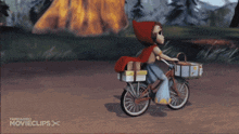 little red riding hood is riding a bike with a basket on the back of it