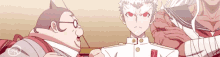 a group of anime characters are standing next to each other and one of them has red eyes